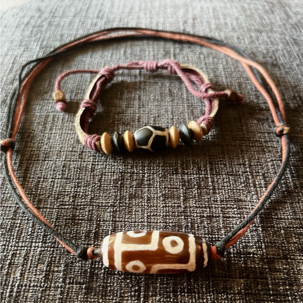 2 pieces of adjustable leather necklace and bracelet.